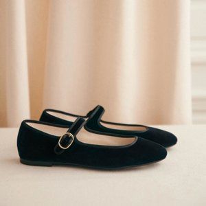 Sezane Marie Flat Ballet Mary Janes Shoes Organic Black Velvet / Cotton Size 39